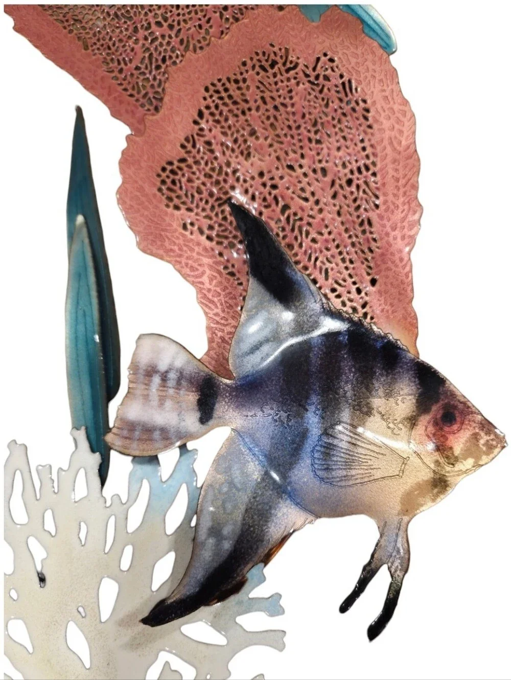 Vtg Bovano Enamel Copper Wall Art Sculpture Angel Fish  Coral Fan RARE 17 X 9